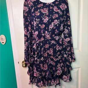 City Studio Navy Pink Floral Chiffon Ruffle Belted Short Dress Long Sleeve S